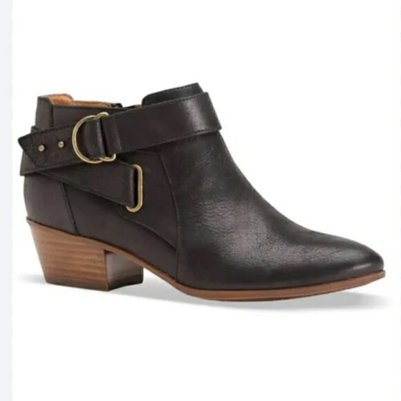 Clarks Shoes - Clarks Black Leather Spye Belle Side Zip Buckle Details Western Style Bootie
